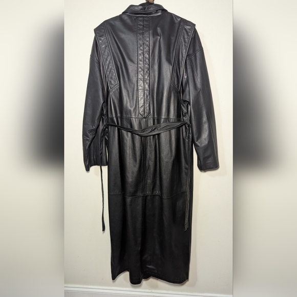 Women's Black 100% Leather Trench Coat Belted Size 16 - Picture 2 of 10